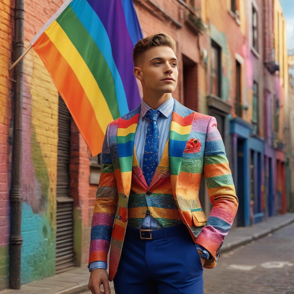 A stylish modern gay gentleman confidently showcasing his unique fashion sense, dressed in a mix of vibrant patterns and elegant accessories, standing in an urban setting with a rainbow flag subtly in the background. Soft, warm lighting enhances the scene, reflecting a sense of individuality and pride. 3D elements combined with a touch of graffiti art to convey a lively atmosphere. vibrant colors. urban setting.