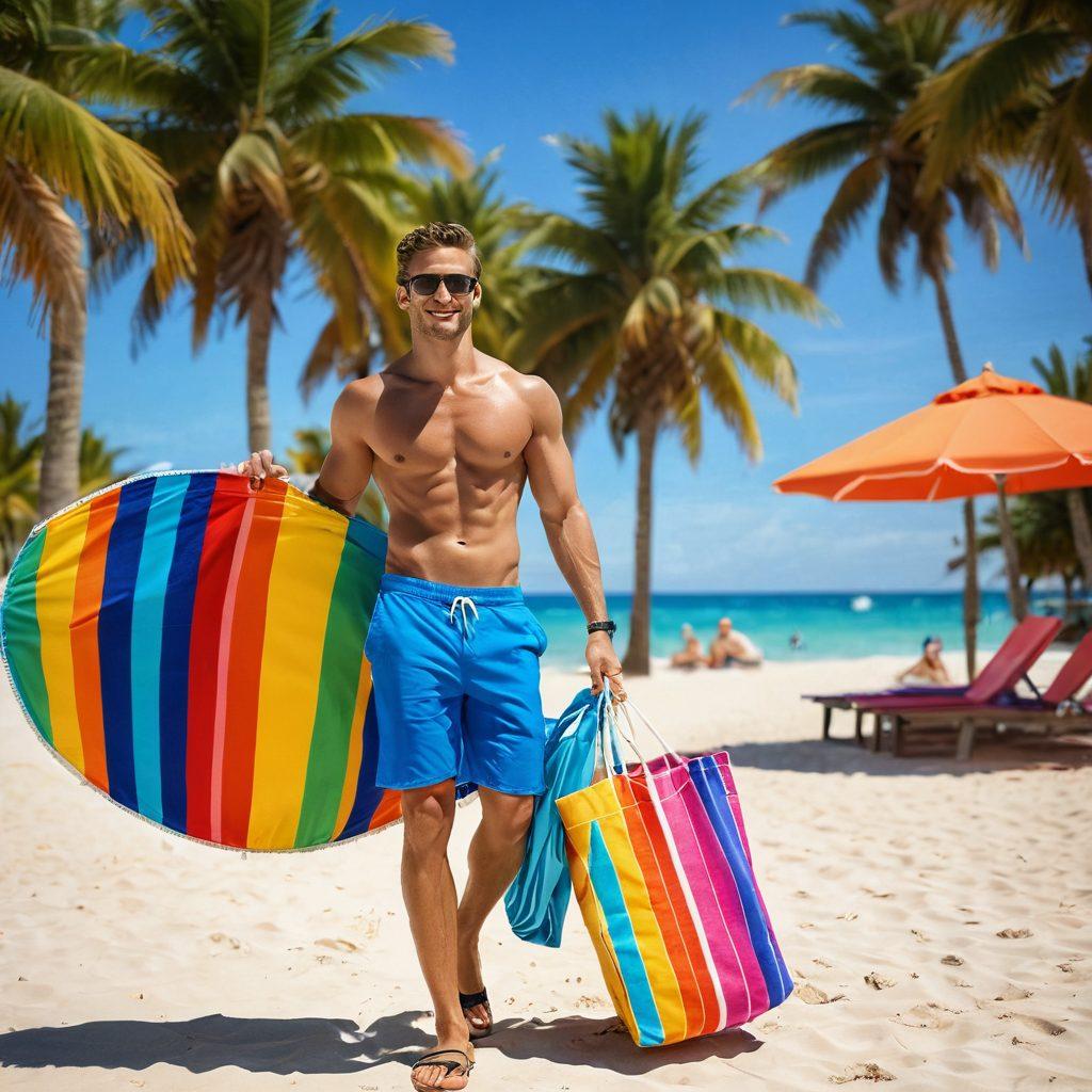 A stylish man walking along a beach, wearing trendy swimwear and sunglasses, surrounded by vibrant beach towels, flip-flops, and a cool beach bag. Include palm trees swaying in the background and a beach umbrella for a relaxed vibe. The scene should evoke a carefree summer atmosphere. super-realistic. vibrant colors. sunny beach setting.